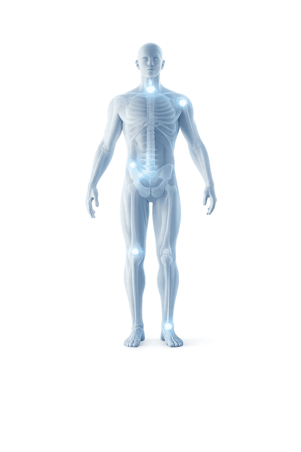 Human anatomy figure showing injection treatment areas for orthopedic pain relief